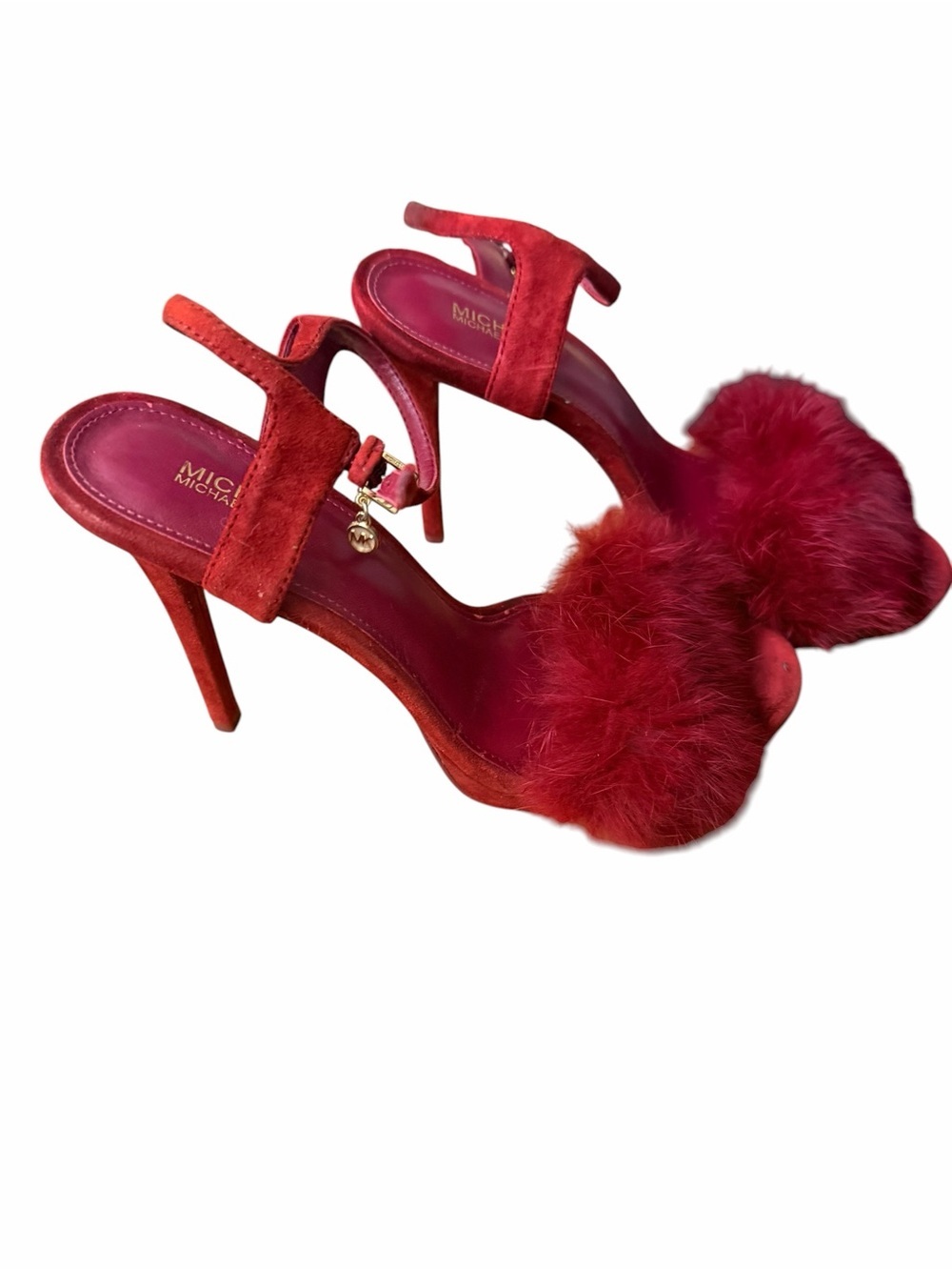 Michael Kors Red Suede Fur-Trim Stiletto Sandals